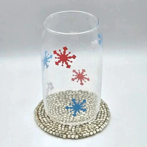 Snowflake‎ Flower Red White Blue 16oz Beer Can Glass Cup  NWT